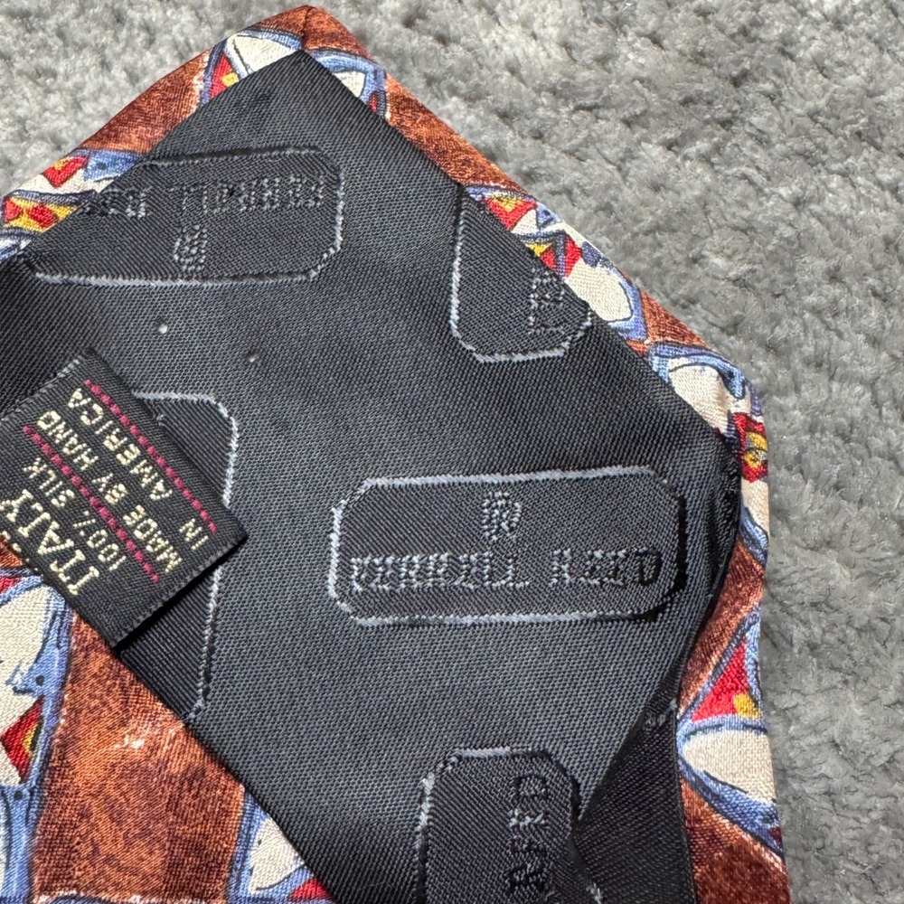 Embassy Square Mens Silk Tie Brown Geometric Print Made in USA Italian Fabric - Picture 7 of 8